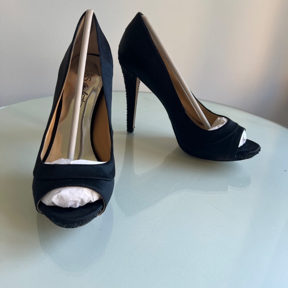 ABS by Allen Schwartz Black Satin with rhinestone heels Dress Shoes 8 1/2M - Picture 2 of 7